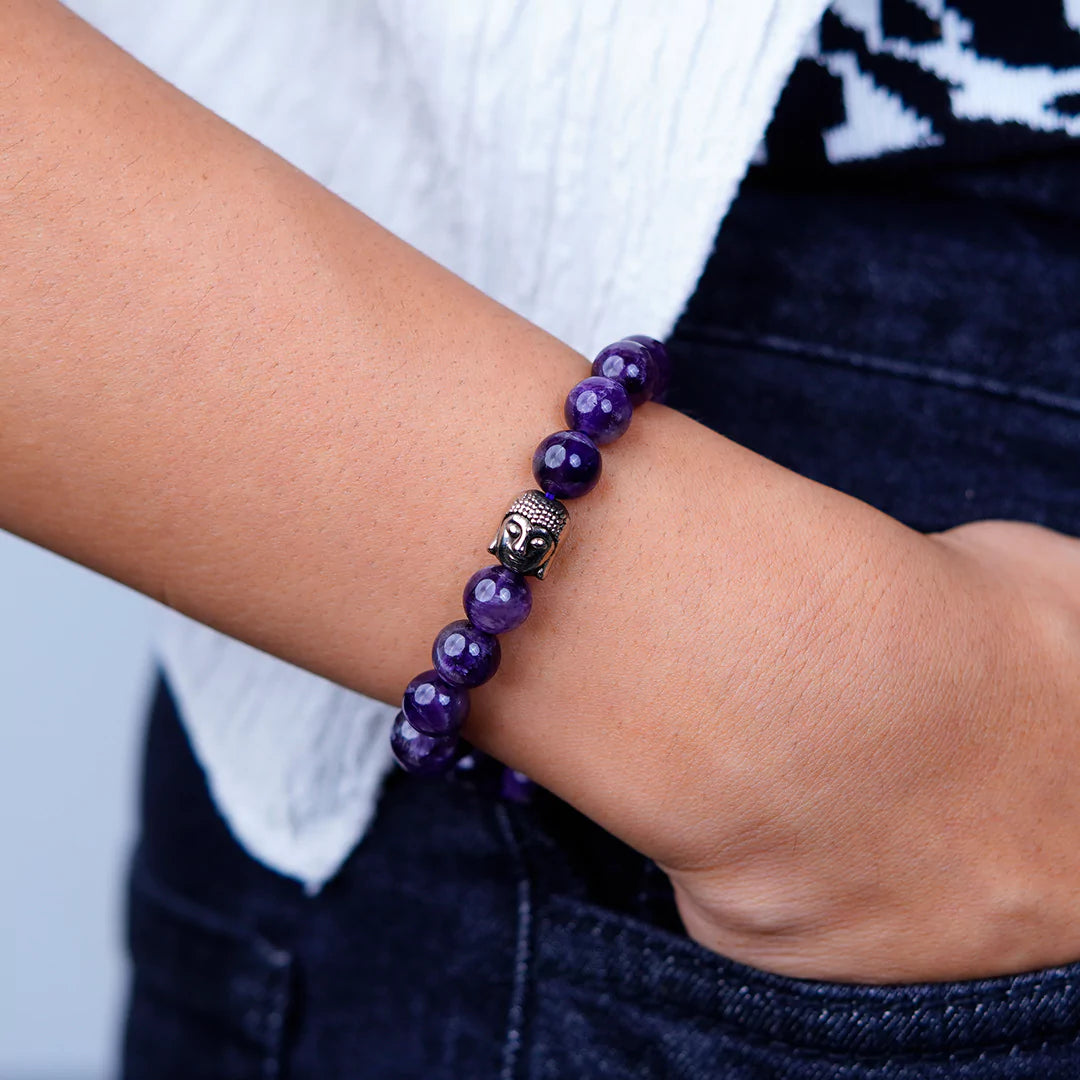 Amethyst 100% Natural Stone 8mm Bracelet + Nepali Rudraksha Bracelet FREE