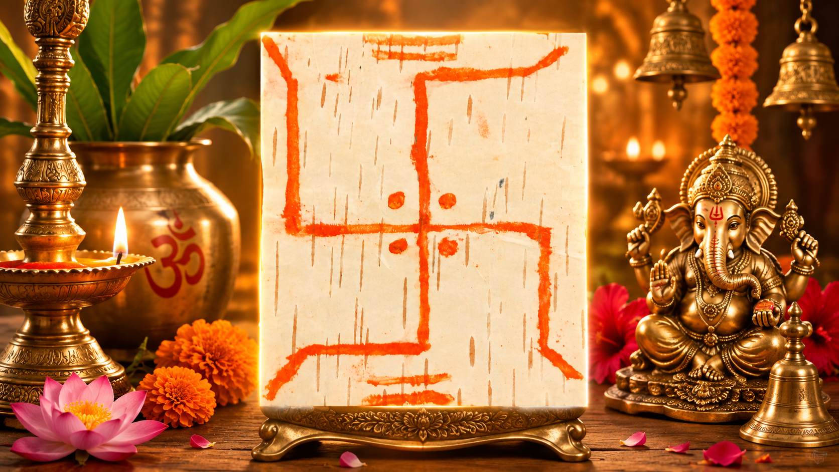 A square cream-colored card or print featuring a red-orange swastika symbol, displayed on a small ornate gold stand. The card is set against a warm, festive background with a brass Ganesha statue, marigolds, a pink lotus flower, and lit oil lamps.