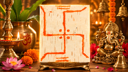 A square cream-colored card or print featuring a red-orange swastika symbol, displayed on a small ornate gold stand. The card is set against a warm, festive background with a brass Ganesha statue, marigolds, a pink lotus flower, and lit oil lamps.